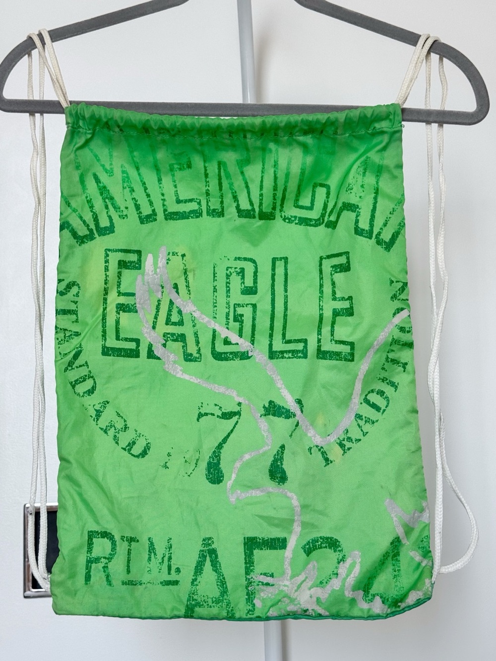 American Eagle Green Drawstring Backpack Gym Bag Y2K Vintage Logo Neon School OS